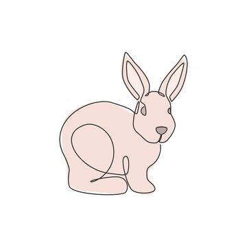 Single continuous line drawing of funny rabbit for pet shop logo identity. Cute bunny animal mascot concept for kids toy shop icon. Dynamic one line draw graphic design vector illustration
