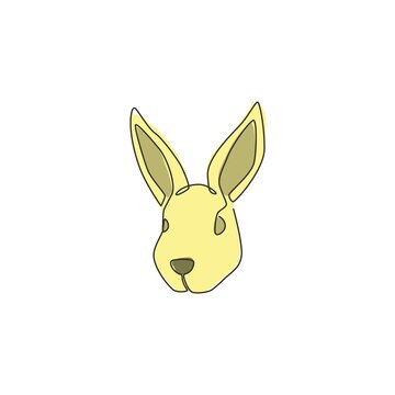 Single continuous line drawing of funny rabbit head for pet shop logo identity. Cute bunny animal mascot concept for kids toy shop icon. Trendy one line draw design vector graphic illustration