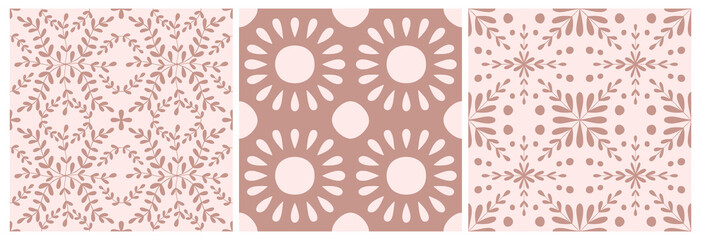 Tile portugal flower seamless pattern set. Dusty rose color geometric background. Traditional azulejo repeat ornament. Vector monochrome pattern.Abstract vintage print for fabric,packaging, wrapper