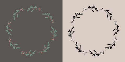 Minimalistyczne ramki w prostym stylu. Botaniczne wzory z gałązkami jemioły. Elementy do wykorzystania na zaproszenia, świąteczne życzenia, kartki z okazji Bożego Narodzenia lub Nowego Roku.