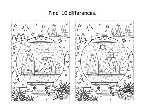 Snowglobe with toy town scene find ten differences picture puzzle and coloring page fun activity for Christmas or New Year winter holidays

