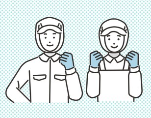 ガッツポーズをとる食品工場や給食職員の男女のベクターイラスト素材／病院／工場／調理師／求人／上半身
