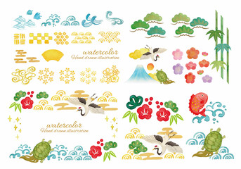 水彩で描いた和柄の鶴と亀のイラスト