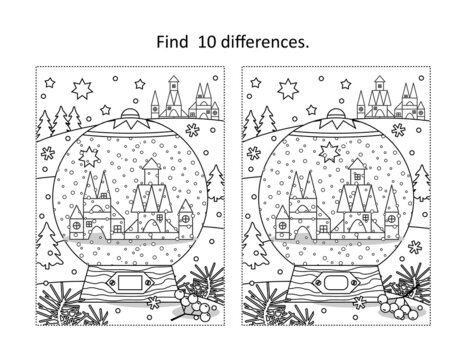 Snowglobe with toy town scene find ten differences picture puzzle and coloring page fun activity for Christmas or New Year winter holidays

