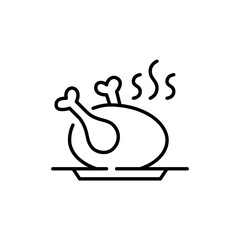 Roasted turkey or chicken on a plate. Traditional American family Thanksgiving meal. Pixel perfect, editable stroke icon
