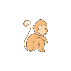 One continuous line drawing of cute sitting monkey for conservation jungle logo identity. Adorable primate animal mascot concept for national park icon. Single line draw design vector illustration