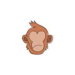 One single line drawing of cute thinking monkey head for company business logo identity. Adorable primate animal mascot concept for corporate icon. Continuous line draw design vector illustration