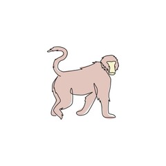 One continuous line drawing of walking baboon for conservation jungle logo identity. Primate animal mascot concept for national park icon. Modern single line graphic draw design vector illustration