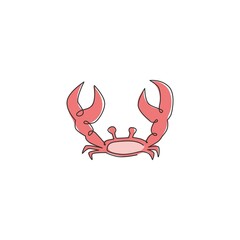 One continuous line drawing of cute crab with big claw for seafood logo identity. Adorable sea animal concept for restaurant icon. Trendy single line draw design graphic vector illustration