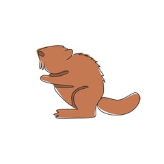 One continuous line drawing of cute standing beaver for logo identity. Funny adorable mammal animal mascot concept for national park icon. Modern single line draw design vector graphic illustration
