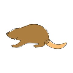 One continuous line drawing of cute beaver for logo identity. Funny adorable mammal animal mascot concept for national park icon. Trendy single line draw design graphic vector illustration
