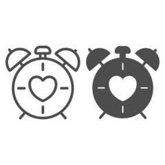 Alarm clock with heart, morning, love time line and solid icon, speed dating concept, wake up vector sign on white background, outline style icon for mobile concept and web design. Vector graphics.