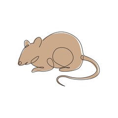 One continuous line drawing of cute adorable mouse for logo identity. Funny mice rodent animal mascot concept for pest control icon. Dynamic single line draw design vector graphic illustration