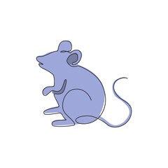 One continuous line drawing of cute standing mouse for logo identity. Funny rodent animal mascot concept for pest control icon. Trendy single line draw design vector graphic illustration