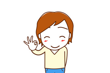 （上半身正面リメイク）笑顔でバッチリの手をする白人男性