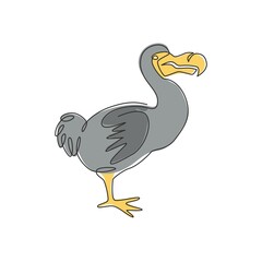 One continuous line drawing of cute funny dodo bird for logo identity. Extinct animal mascot concept for museum zoo icon. Trendy single line draw design graphic vector illustration