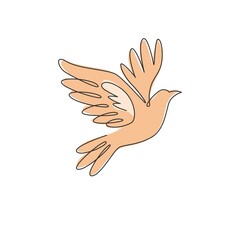 Obraz premium One single line drawing of adorable elegant fly dove bird for logo identity. Cute pigeon mascot concept for bird lover club icon. Dynamic continuous line draw design graphic vector illustration