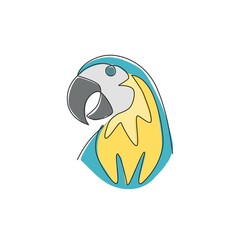 Single continuous line drawing of smart funny parrot bird head for company logo identity. Flying animal mascot concept for pet lover club icon. Trendy one line draw graphic design vector illustration © Simple Line