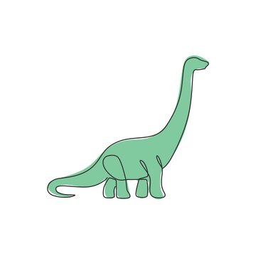 recommend clip art: Single continuous line drawing of long neck brontosaurus for logo identity. Prehistoric animal mascot concept for dinosaurs theme amusement park icon. One line draw graphic design vector illustration