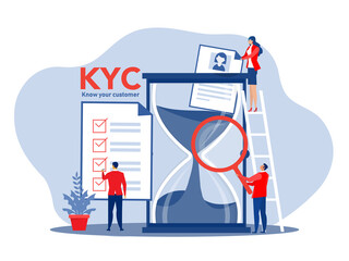 KYC or know your customer with business verifying the identity of its clients concept at the partners-to-be through a magnifying glass vector illustrator