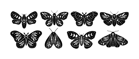 Boho celestial butterfly vector illustration set. Mystical moth with moon phases. Magic insect on white background. Esoteric alchemy symbol. Design for poster, card, t shirt print, sticker.