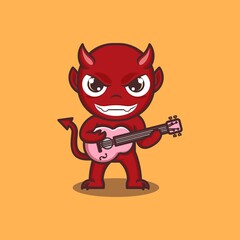 cute cartoon devil playing guitar. vector illustration for mascot logo or sticker