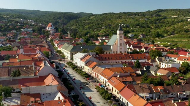 Rotating drone shot of the Church of Holy Trinity in Sv&auml;t&yacute; Jur or Saint George in Bratislava, located in the Bratislava Region