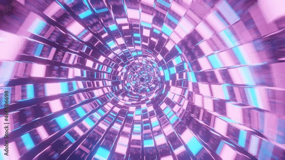 Poster abstract motion digital wormhole, tunnel consisting of blue and pink glowing squares. path through t