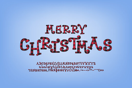 Trendy poster Merry Christmas. Funny curly letters with red plaid textile pattern on blue background. Cute alphabet letters and numbers for Christmas decoration