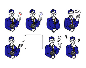 メガネをかけスーツ姿の誠実で優しそうな日本の男性税理士の上半身のポーズのバリエーションの白バックのシンプルな線画のイラスト