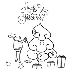 New Year's doodle. A hand-drawn one translated into a vector. A deer in a sweater decorates the Christmas tree with toys. On the floor are toys and gifts in the package. On top is the inscription of