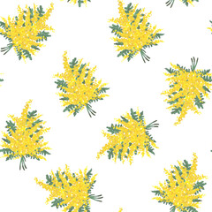 水彩タッチのミモザ柄　シームレスパターン（白背景）