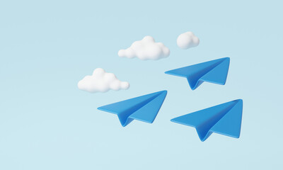 Three blue paper airplane with clouds Minimal cartoon cute smooth. creative vision leadership concept. 3d render illustration