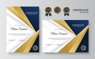 Modern blue and gold certificate template. Diploma certificate border template set with badges for award, business, and education