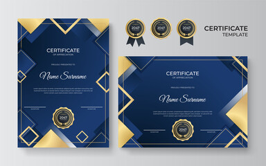 Modern blue and gold certificate template. Diploma certificate border template set with badges for award, business, and education