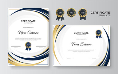 Modern blue and gold certificate template. Diploma certificate border template set with badges for award, business, and education