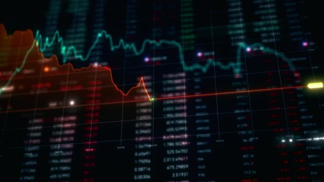 Stock market and information of exchange with data of price on market wall. Change and volume. Financial indexes change up and down over time. Concept of trading crypto assets and bitcoin