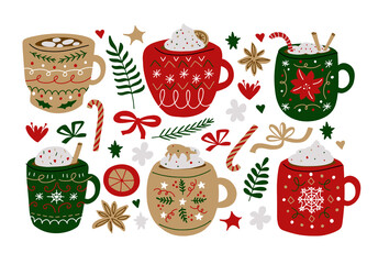 Illustration of various colorful cups with funny and cute pictures. We meet stylish collections. Winter coffee and tea.