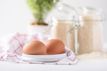 Organic farm-fresh eggs and Japanese rice are local food cultures in Asia, used as a simple staple...