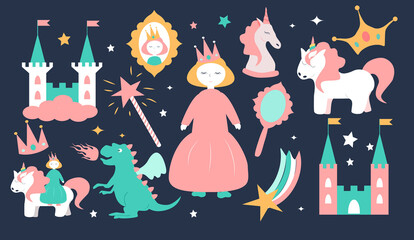vector set of elements on the theme of princesses and the fairy kingdom. castles, dragon, magic wand, princesses, unicorns, crowns. childrens illustration in flat style