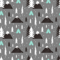 cute vector seamless pattern with childrens drawing - snow forest, mountains, trees. flat illustration in scandinavian style for printing on clothing, fabric, wrapping paper