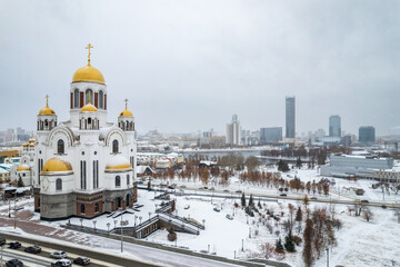Panorama of winter Yekaterinburg and Temple on Blood in the first snowfall. Aerial view of Yekaterinburg, Russia