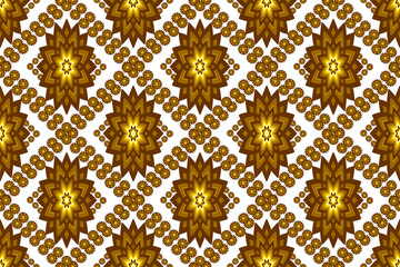 Seamless geometric ethnic fabric pattern, golden flower pattern, Thai fabric pattern design, carpet, wallpaper, curtain, cushion, clothing, wrap, batik, white background fabric pattern