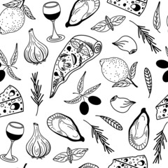 Mediterranean cuisine seamless vector pattern. Hand-drawn illustration. Ingredients for Italian dishes- pizza, olives, garlic, lemon, cheese. Herbal sketch- rosemary, thyme, basil. Monochrome