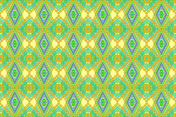 Abstract wallpaper with green-yellow-blue tones floral pattern assembled into a seamless square grid on a light yellow background for printing retro tribal fashion fabrics, Thai-Laos fabric patterns