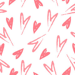 Seamless vector pattern made by hand drawn pink hearts on a white background.