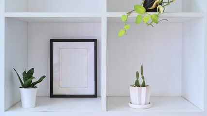 Empty picture frame and potted plants in white wooden bookshelf.
