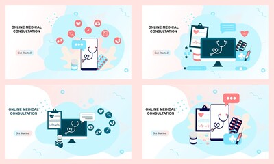 Set of landing page templates for online healthcare, medical services, online help, medical drugs, online medical consultation. Doctor, pharmacy, clinic, therapist for website, UI mobile application.