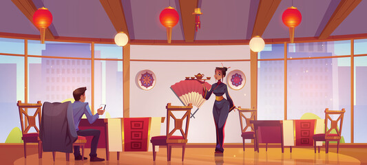 Tea ceremony in asian restaurant, woman wear traditional kimono serve visitor in Chinese or Japanese cafe sit at table in cafeteria with authentic decor and city view, Cartoon vector illustration