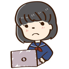 黒髪セーラーの悩みながらパソコンをする女子生徒